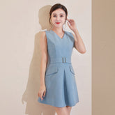 Blue V-neck Sleeveless Belt Casual Mini Dress - FashionByTeresa